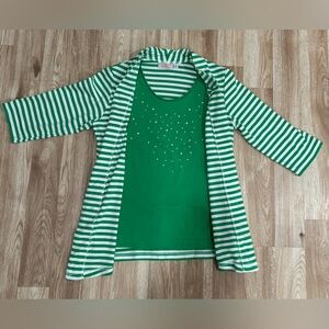 Quacker Factory Rhinestone Green White Stripe 3/4 Sleeve Top Shirt Blouse Small